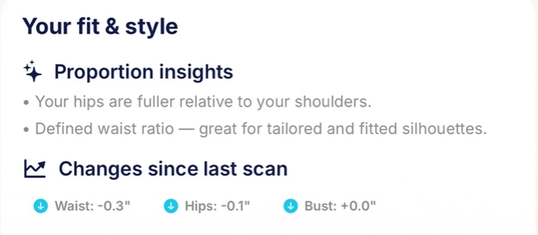 Your fit and style: proportion insights and changes since last scan