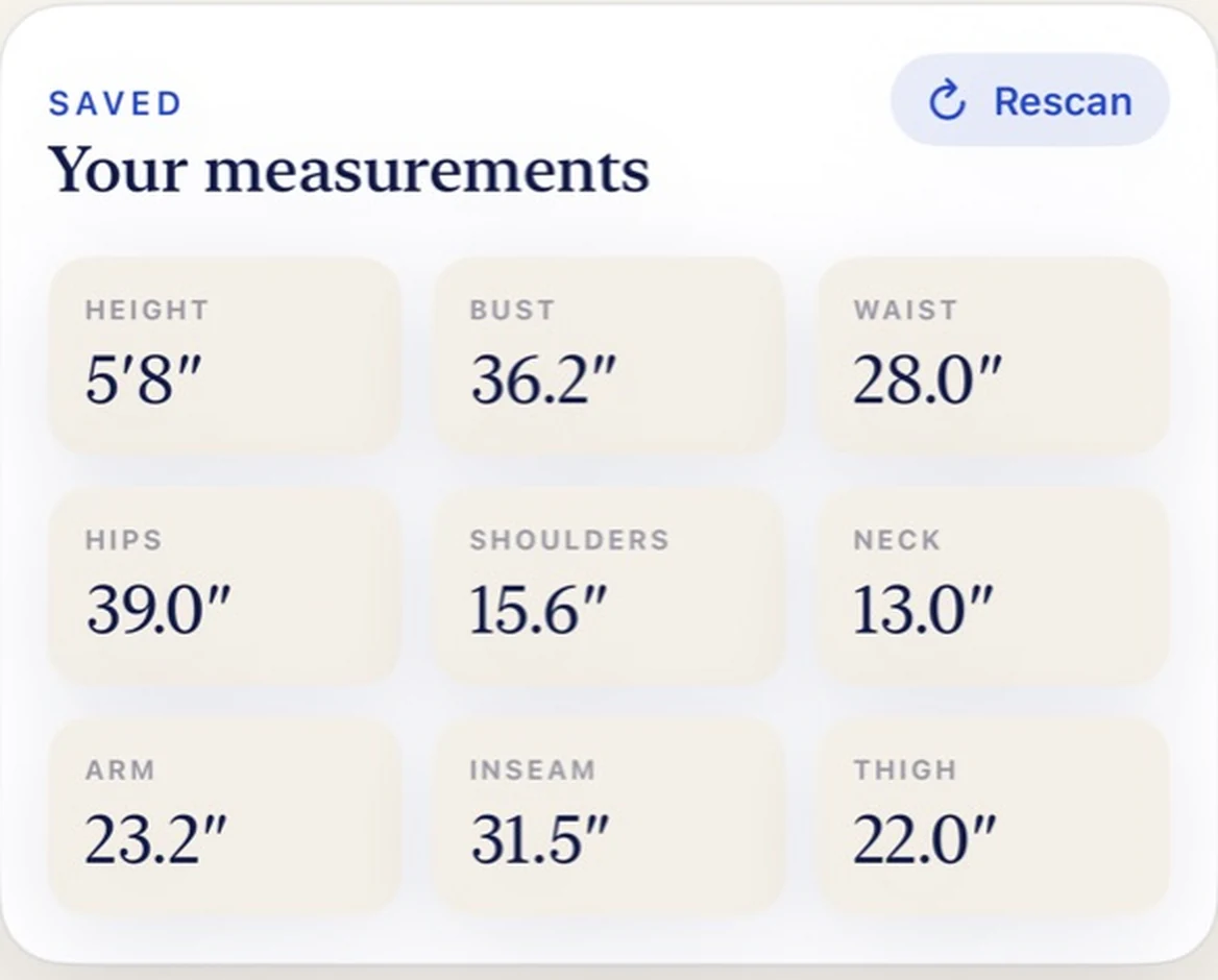 FitIQ's saved measurements card showing height, bust, waist, hips, shoulders, neck, arm, inseam and thigh