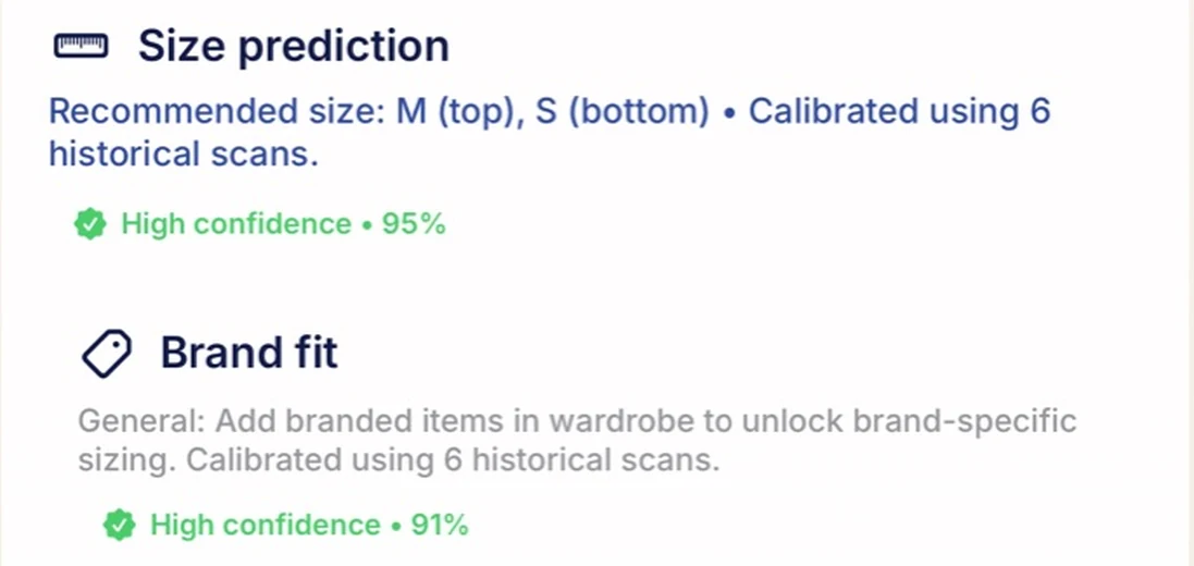 Size prediction recommending medium tops and small bottoms, calibrated from past scans