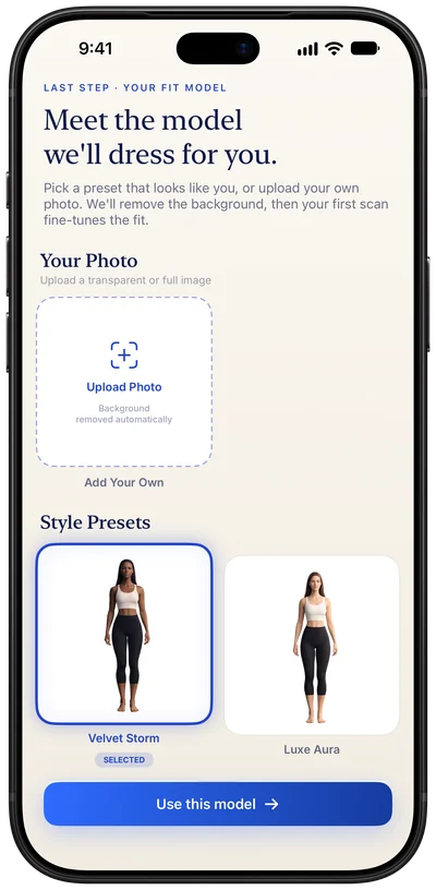 Meet the model we'll dress for you: upload a photo or pick a style preset