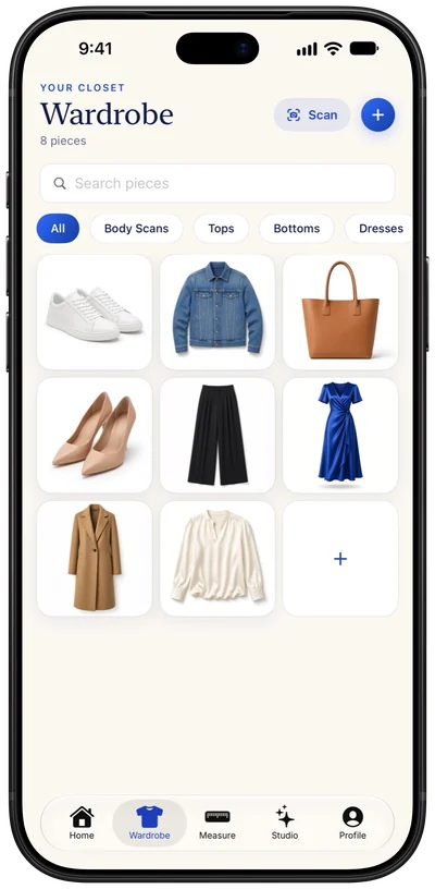 FitIQ Wardrobe tab with a grid of clothing items