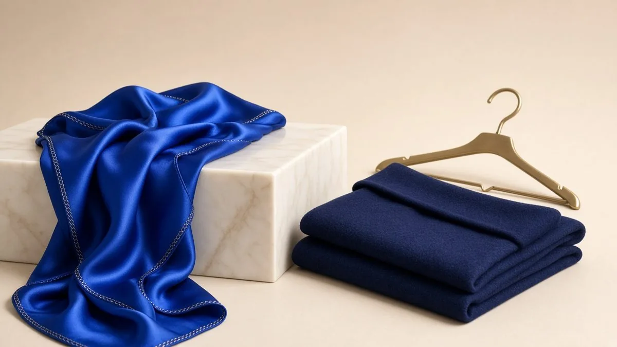 Cobalt silk scarf and folded navy knitwear beside a wooden hanger
