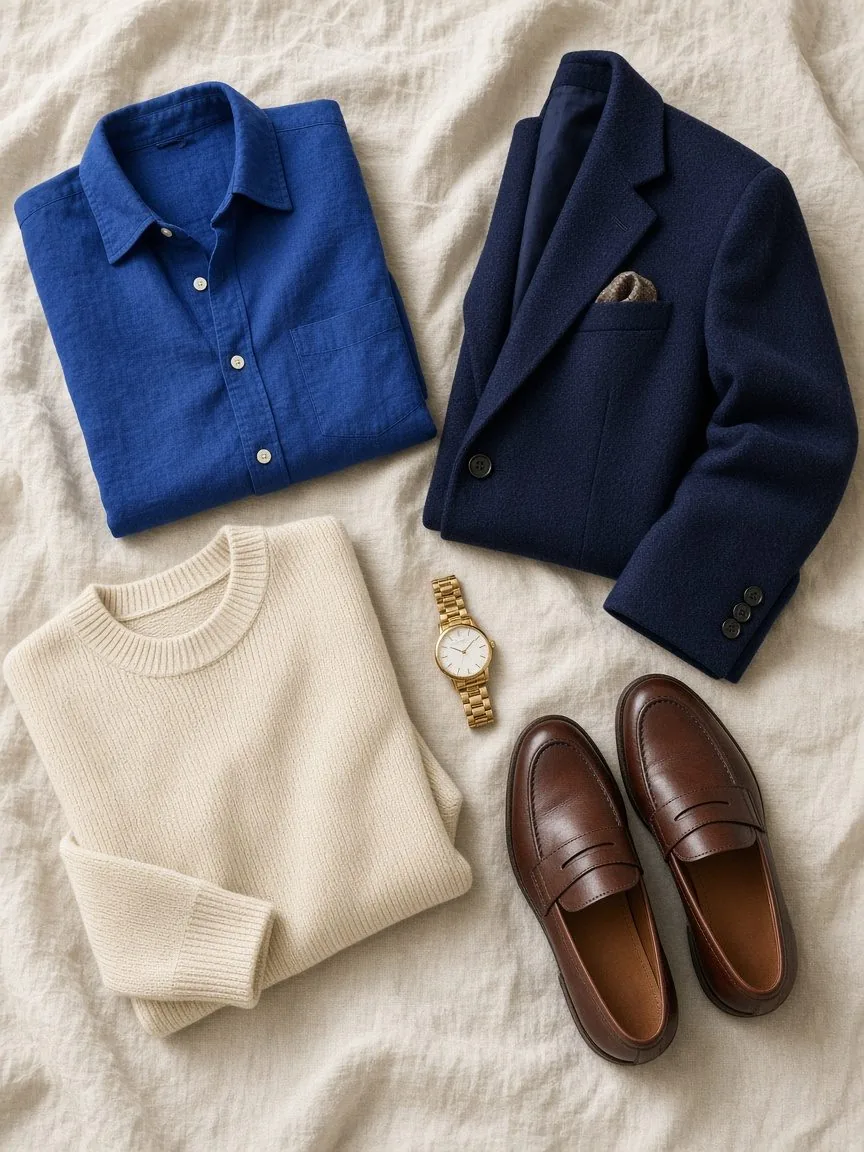 Flat lay of a cobalt shirt, navy blazer, cream jumper, gold watch and brown loafers